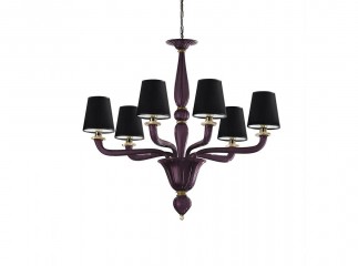Темная люстра из фиолетового стекла с 6 черными абажурами - gls/235