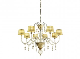 Люстра из прозрачного муранского стекла цвета шампанского с 8 бежевыми круглыми абажурами - gls/237