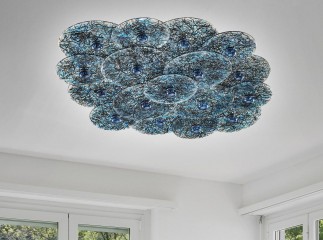 Большая люстра из голубых стеклянных дисков с синими узорами - gls/594