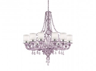 Светло-сиреневая люстра из муранского стекла с 12 белыми абажурами и подвесками с бусами - gls/278