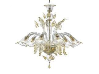 Люстра из прозрачного стекла на позолоченном каркасе с плафонами в виде каллов - gls/169