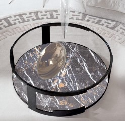 Стеклянный стол с нижней полкой из темного мрамора - gkn/223