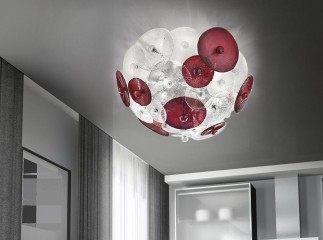 Люстра в форме полусферы из красных и прозрачных стеклянных дисков - gls/581