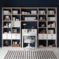 Бежевый шкаф с открытыми полками и белыми выдвижными ящиками - lnt/087