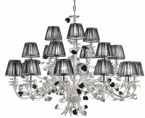 Большая трехъярусная серебристая люстра с черными стеклянными розами и плиссированными абажурами - mml/061
