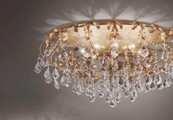 Круглый потолочный позолоченный светильник с фигурными хрустальными подвесками - mml/189