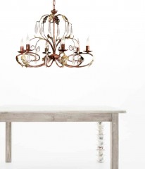 Люстра на фигурном каркасе с 6 свечами, золотистыми листьями и длинными хрустальными подвесками - mml/157