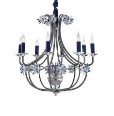 Серебристая люстра с 8 синими свечами и стеклянными цветами - mml/041