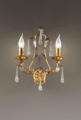 Двойное позолоченное бра с резными листьями и стеклянными подвесками - mml/048