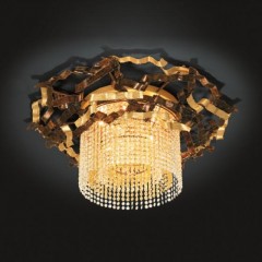 Круглый потолочный светильник с 2 рядами стеклянных подвесок и медными и золотистыми завитками - mml/228