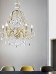 Золотистая люстра на 5 свечей с хрустальными бусами и подвесками - mml/336
