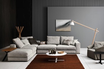 Современная гостиная с серой мягкой мебелью и круглым белым столиком - sab/130