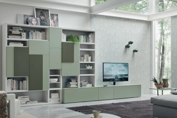 Белая современная стенка с бледно-зелеными фасадами - mrn/146