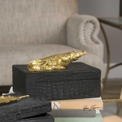 Черная кожаная шкатулка с золотым крокодилом - utr/0278