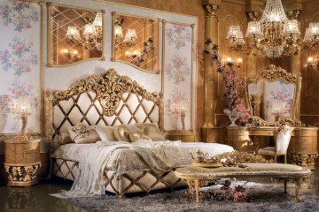 Светлая кровать на резном каркасе из массива, декорированная геометрическим орнаментом - bts/087