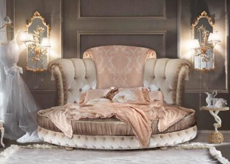 Большая круглая кровать с высоким мягким изголовьем в комбинированной обивке - bts/111