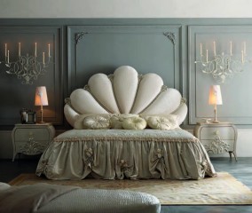 Кровать с полукруглым изголовьем в виде ракушки, обитым перламутровым текстилем - mto/026