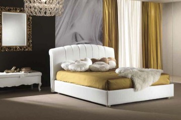 Кровать со стеганым мягким изголовьем в обивке белой кожей - pma/143