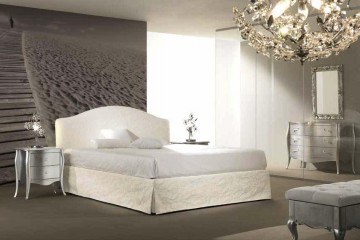 Кровать с фигурным изголовьем в обивке цвета слоновой кости с вышивкой - pma/126