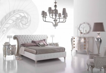 Белая кожаная кровать с высоким мягким изголовьем, украшенным каретной стяжкой - pma/100