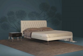 Кровать в кожаной обивке сливочного оттенка с каретной стяжкой на изголовье - pma/017