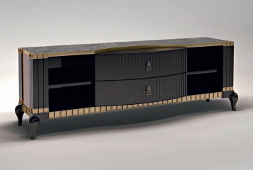 Большая черная тумба под ТВ с рифленым фасадом и позолотой - bzm/154