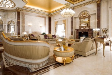 Светлая классическая гостиная с драпированным круглым кофейным столом - bzm/014