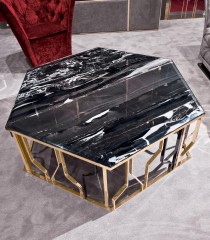 Шестиугольный стол из черного мрамора на позолоченном подстолье - lgh/088