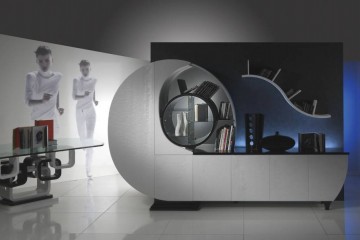 Дизайнерская жемчужно-белая витрина в форме улитки с контрастной отделкой - cpn/062