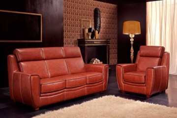 Трехместный красный кожаный диван с объемными подголовниками - sat/37