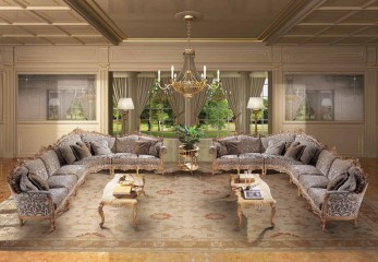 Большая гостиная с 2 угловыми серыми диванами на резном каркасе - acp/1846