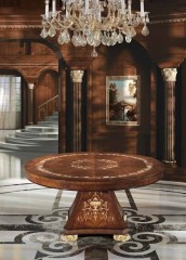 Круглый обеденный стол на массивной опоре, декорированный цветочной интарсией - acp/1109