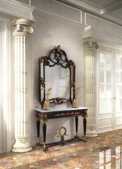 Консоль цвета мокко с белой мраморной столешницей и позолоченным резным венком - acp/1102