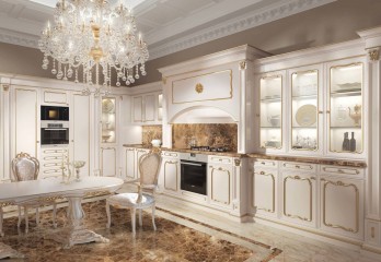 Угловая белая кухня с коричневой мраморной отделкой - acp/1911