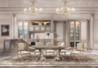 Бежевая кухня с тонированной рельефной резьбой и обеденной зоной - acp/1914