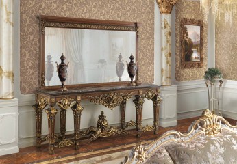 Большая консоль из массива на 8 ножках, с патинированной позолоченной резьбой - acp/1252