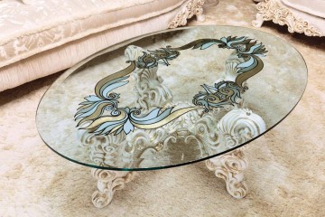 Стол на резном белом подстолье с расписной стеклянной столешницей - ezb/504
