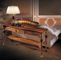 Темно-ореховая консоль с ящиками, полкой и позолоченным резным декором - ezb/387