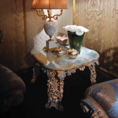 Серо-голубой мраморный столик на массивном резном подстолье - ezb/409