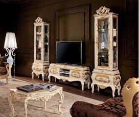 Белый прямоугольный стол с позолоченной рельефной резьбой - mdg/0737