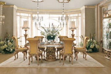 Светлая столовая с золотисто-желтыми стульями и зеркальной отделкой - riv/545