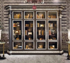Четырехдверный книжный шкаф шоколадного оттенка с массивным карнизом - pvz/012