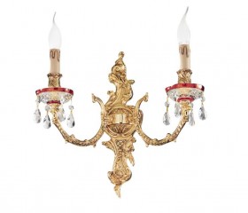 Двойное позолоченное бра со свечами в стеклянных красно-белых розетках - pos/321