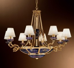 Люстра со стеклянными элементами кобальтового оттенка и 8 белыми абажурами - pos/302