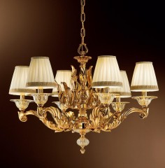 Фигурная люстра из стекла янтарного оттенка с 6 светлыми плиссированными абажурами - pos/359