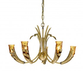 Люстра с 5 плафонами в форме рожков из янтарного стекла с декором - pos/296