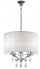 Серебристая фигурная люстра с хрустальными подвесками и плиссированным белым абажуром - pos/375