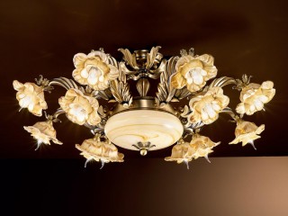 Люстра кремового оттенка с полусферой и 10 плафонами в виде пышных цветков - pos/364