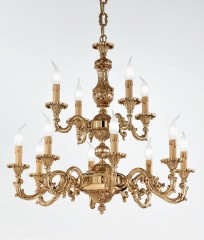 Двухъярусная позолоченная люстра на 12 свечей с S-образными рожками - pos/341