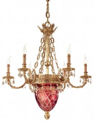 Позолоченная люстра на 6 свечей и плафоном из красного муранского стекла с орнаментом - pos/320